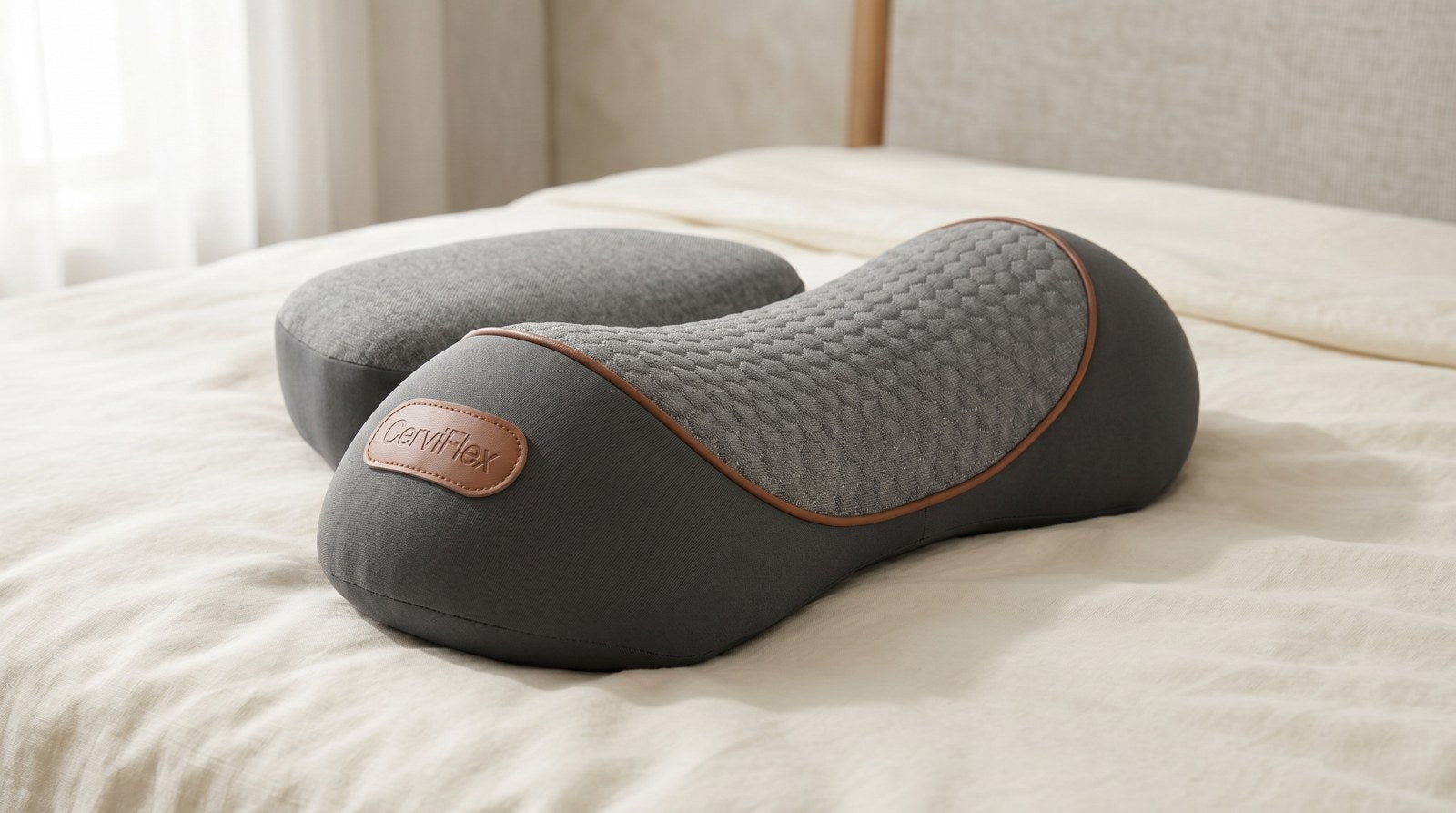 Almohada CerviFlex sobre cama con sábanas color crema
