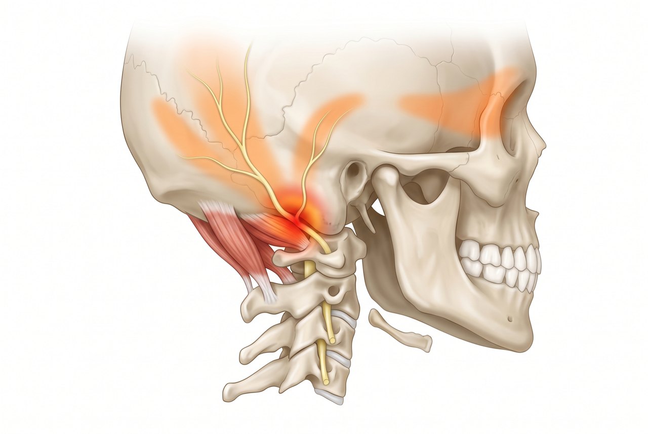 Diagrama de la base del cráneo y el nervio occipital